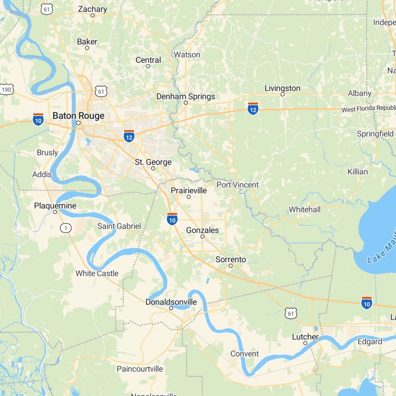Map of the service area from Zachary and Central through Baton Rouge, Prairieville, and Gonzales to Donaldsonville